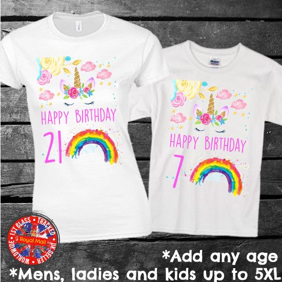 Happy Birthday Personalised Rainbow Unicorn T-shirt Gift