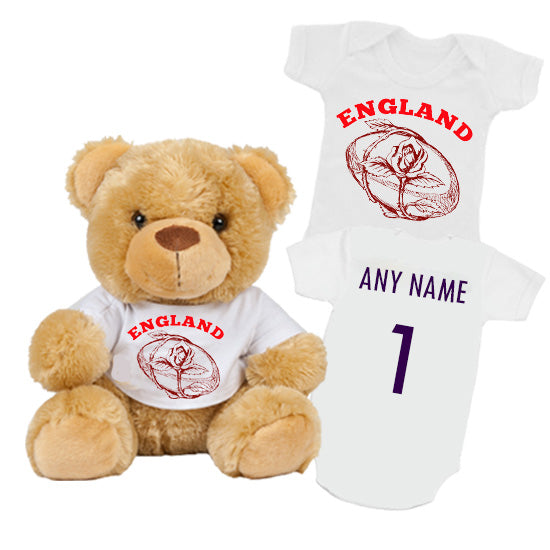 England Rugby Personalised Matching Teddy Bear & Bodysuit